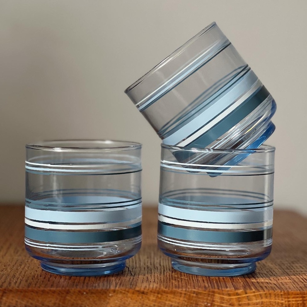 set of three vintage glasses with blue stripes